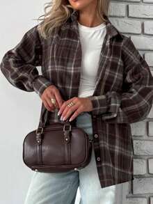 Women's New Vintage Plaid Long Sleeve Shirt, Casual Versatile Jacket For Spring - Brown - View 2