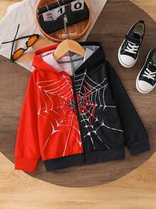 年轻男孩时尚简约休闲户外流行礼物可爱柔软蜘蛛网拼接拼色印花连帽长袖夹克，秋季 - 彩色 - 查看 12