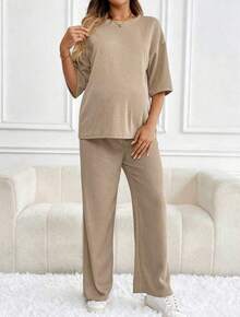 Conjunto Feminino Calça Pantalona e Camiseta Longa Manga Curta Canelado Confortável Soltinho Elegante e Despojado Oversize - Bege - Visão 4
