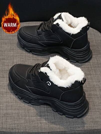 1 Pair Women Casual Thermal Lined Chunky Sneakers, Round Toe Lace-Up Outdoor Winter Leather Shoes