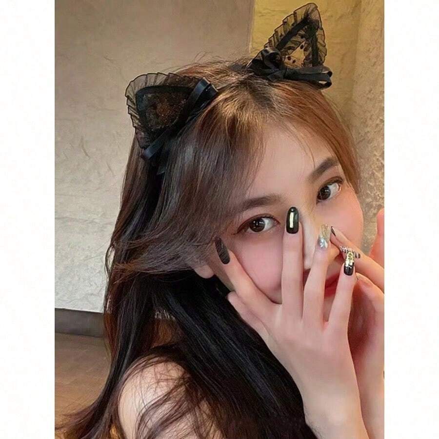 1pc Women's Headband With Cute Cat Ears, Black Lace Bow, Suitable For Birthday, Party, Festival, Performance ,Head Piece - 黑色 - 查看 1