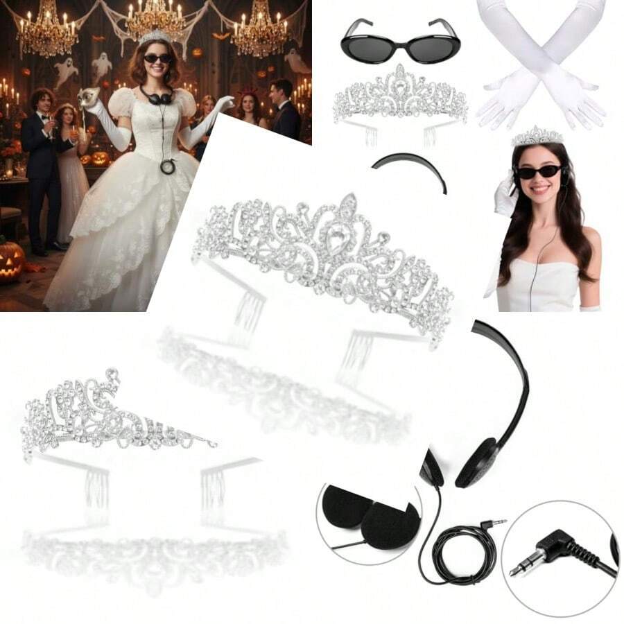 Costume Accessories Set With Tiara Crown Oval Sunglasses Long White Gloves Wired Headphones 4-Piece