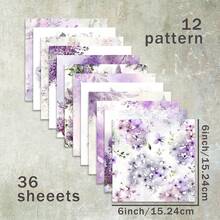 36 Sheets 6inch Purple Floral & Bird Background Scrapbooking Paper, Suitable For Bullet Journals, Collages, Cards, Scrapbooks And Crafts