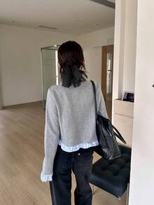 女士早春拼接二合一针织开衫，圆领长袖上衣 - 灰色 - 查看 7