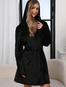 1pc Women Solid Color Hooded Waist Tie Plush Sleepwear Robe, Comfortable And Warm For Autumn/Winter, Fall - Black - View 5