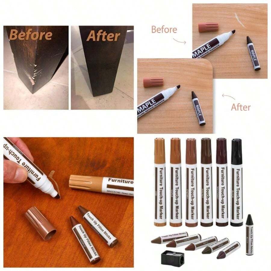 Kit de reparacin de muebles - Juego de 13, marcadores y varillas de cera con kit de sacapuntas, para manchas, araazos, suelos de madera, mesas, escritorios, postes de cama, retoques y coberturas - inicial - Ver 1