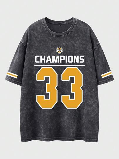  Shwiy 男士水洗复古效果学院风运动33数字印花短袖T恤，简约图案T恤，适合日常休闲穿着，黑色