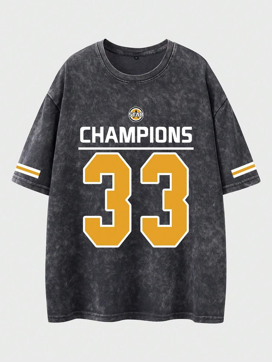 Shwiy 男士水洗复古效果学院风运动33数字印花短袖T恤，简约图案T恤，适合日常休闲穿着，黑色 - 黑色 - 查看 1