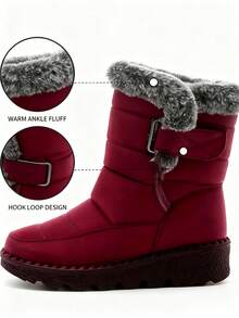 Yards Outdoor Thickened Thermal Lined Snow Boots For Women, Mid-Calf Length For Winter, Round Toe & Flat Heel Plus Size Waterproof & Anti Skidding High-Tops Women's Boots, Winter Boots For Middle-Aged Women & Moms, Black - 紅色 - 查看 1