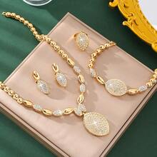 5-częściowy zestaw biżuterii ślubnej, w kształcie litery V, kwiatowy, luksusowy naszyjnik z kryształkami w kolorze złotym, bransoletka, pierścionek, kolczyki dla kobiet - Złoty-2 - Zobacz 3