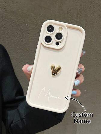 Customized Phone Case, Personalized Tiered Full Screen 3D Gold Heart Text Customized Full Coverage Silicone Lens, Suitable For Samsung/Apple/16promax/15/Xsmax/14/Xs/13xr12pro11 And Other Phone Models