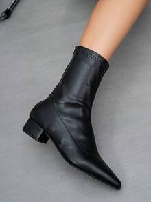 Fall/Winter Women's Fashion Boots, New Stylish Versatile Pointed Toe Chunky Heel Sexy Solid Color Ankle Boots, Bordeaux Color - Black - View 7