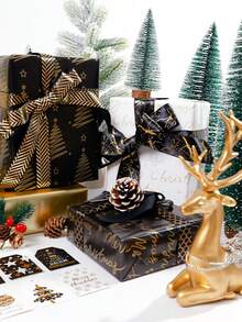 Christmas Foil Gift Wrapping Paper, Retro Black & Gold Deer, Snowflake, Christmas Tree Pattern, Gift Packaging Paper