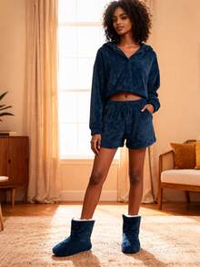 New Mid-Calf Blue House Slippers Couple Style, Thermal Lined Thick Short Boots, Comfortable Warm Coral Velvet Non-Slip Soft Bottom Indoor Leg Warmers, Postpartum Shoes, Slip-On, Plus Size Men Wear One Size Larger - Navy Blue - View 3