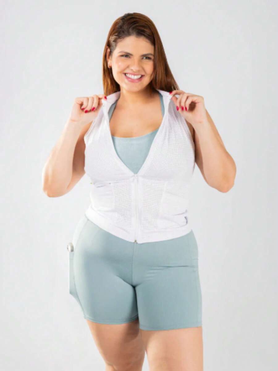 UV Protection Gym Vest With Front Zipper Pocket, Fitness Sportswear - White - View 1