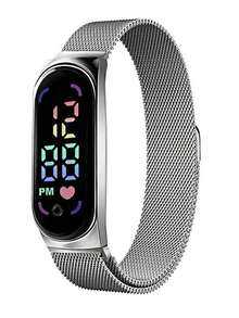 1pc Magnetic LED Display Digital Watch With Oval Pointer, Sports Digital Watch With Mesh Stainless Steel Strap - Silver - View 3
