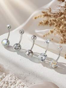 5pcs/Set Zirconia Inlaid Short 14G Stainless Steel Navel Piercing Rings, Suitable For Daily Wear By Men And Women