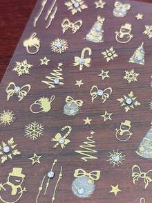 1 pieza Pegatinas de uñas 3D con lazo navideño dorado brillante con láser, pegatinas de uñas adhesivas en relieve, decoración de uñas DIY, deslizadores