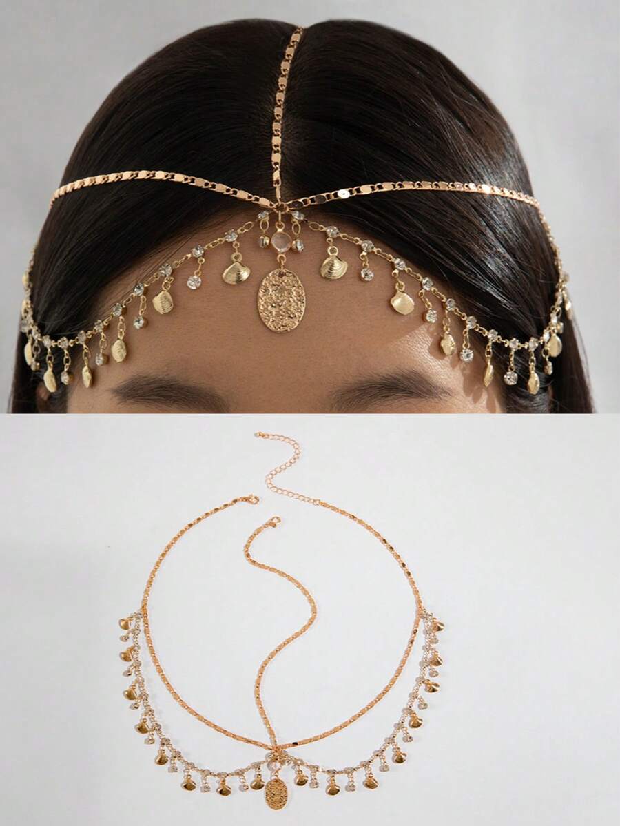 قلادة سلسلة حلقة هندسية أساسية مرصعة بالراين ستون ذات شرابة من الحديد عصرية بسيطة قطعة واحدة للنساء، هدية للحفلات (سلسلة مصنوعة يدويًا مقطوعة إلى المقاس، عدد متفاوت من الراين ستون المتموجة) اكسسوارات عيد الحب، اكسسوارات شعر الزفاف - الذهبي - مشاهدة 1