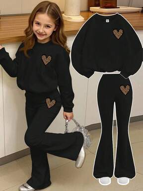 Tween Girls Clothing Tween Girls Clothing, Black Round Neck Sweatshirt And Black Flared Pants Suit With Leopard Heat Print Pattern, Fashionable And Casual Style, Suitable For Sports, Back To School, Travel, Party