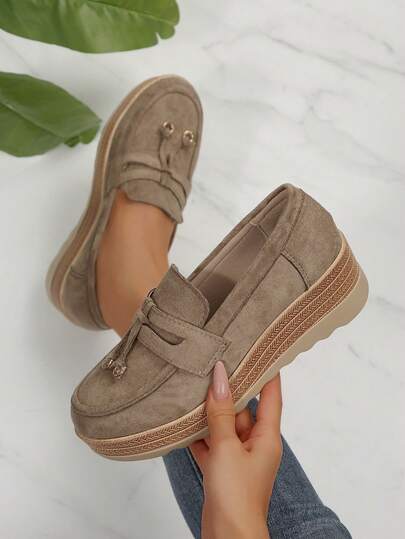 1 Parça Kadın Slip-On Loafer Ayakkabı, Kalın Tabanlı Retro Günlük Ayakkabı, Düz Renk, İlkbahar/Sonbahar, Ev ve Dış Mekan Giyimine Uygun