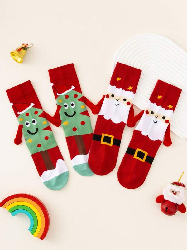 1/2 Paar Weihnachts-Magnethalte-Socken, Crew-Länge Socken mit Weihnachtsbaum, Weihnachtsmann-Mütze, Stern, Weihnachtsmann-Mütze Muster, geruchsresistent, feuchtigkeitsableitend, lässig, niedlich, geeignet als Weihnachtsgeschenk/für Weihnachtspartys