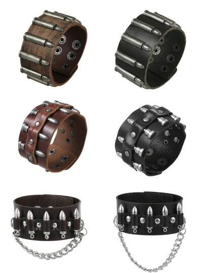 1pc Gothic Punk Wide Cuff Bullet Bracelet, Adjustable Handmade Black & Brown Leather Wristband For Men