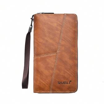 1pc Men's Light Brown Surface Double Stitched PU Leather Long Wallet With Wrist Strap, Large Capacity Multi-Card Slot Zipper Phone Pouch, Popular Men's Leather Bifold For Men Men Wallet Leather Card Wallet