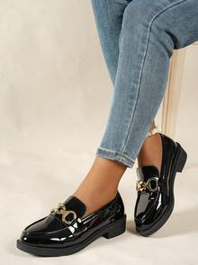 Plus Size Women's Multifunctional Casual Bow Decor Metal Chain Loafers Flat Shoes, Mirror Material, Retro Elegant British Style, Comfortable Soft Oxford Shoes, Black/White/Brown Luster, New Spring/Summer Autumn/Winter 2025 Style - Black - View 2