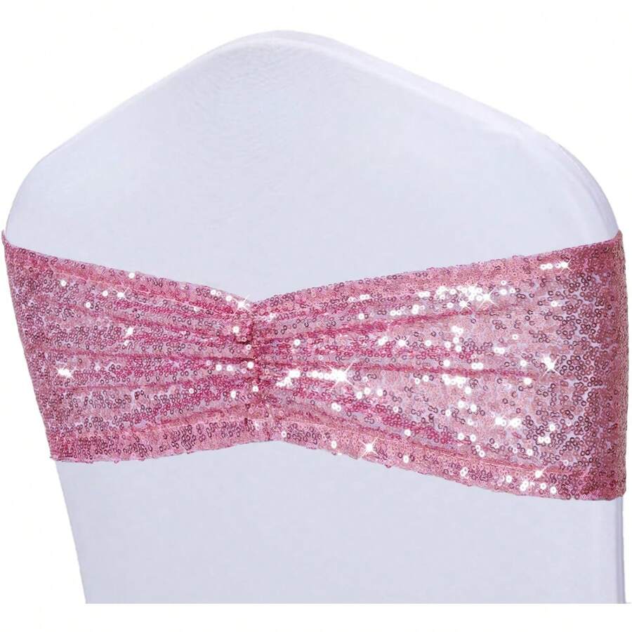 Gold Sequin Chair Sashes With Bow For Folding Chairs, Party Wedding Reception Decorations, 20 PCS - Fuchsia Pink - View 1