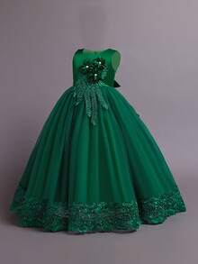 Tween Girls Mesh 3D Floral Elegant Glamorous Dress Suitable For Weddings And Parties, Headband Not Included - Dark Green - View 5
