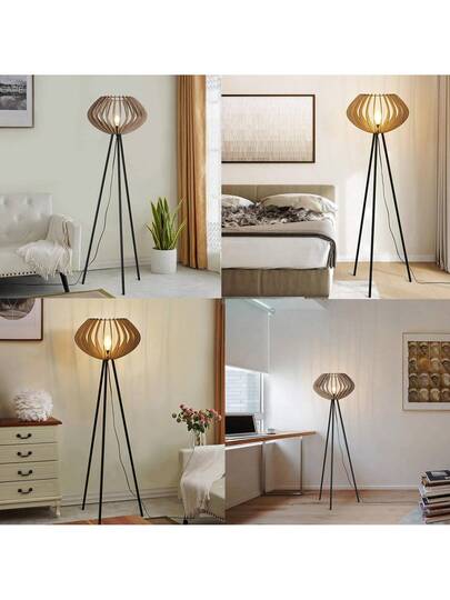 Alpinaluz MDF Wood Tripod Vloer Lamp "METTE", Industrial Shade, Moderne Bohemian Foot Switch, Living Room E27. view 4