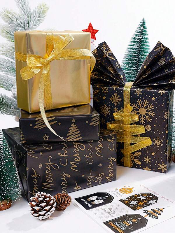Christmas Foil Gift Wrapping Paper, Retro Black & Gold Deer, Snowflake, Christmas Tree Pattern, Gift Packaging Paper,Christmas