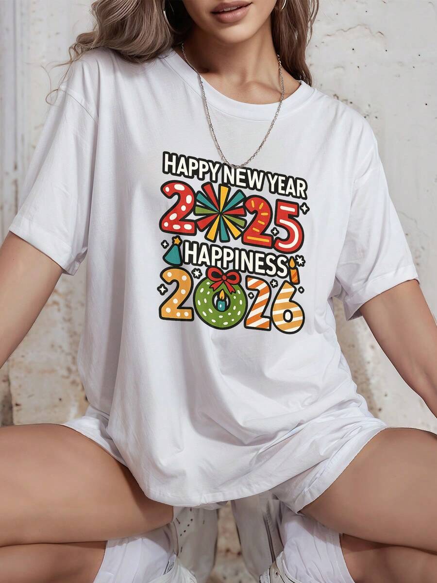 Playeras Mujer Camisetas para Mujer Diseño de Año Nuevo 2025-2026 con Fuegos Artificiales, Estrellas y Coronas Felices Celebraciones Top versátil de moda diaria para mujer - Blanco - Ver 1