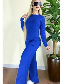 ¡Conjunto que lo tiene TODO!  Dos piezas: blusa de manga larga + pantalón - azul real - Ver 2