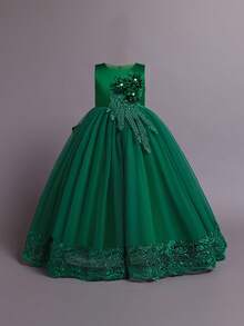 Tween Girls Mesh 3D Floral Elegant Glamorous Dress Suitable For Weddings And Parties, Headband Not Included - Dark Green - View 4