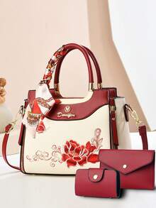 女士手提包三件套，优雅几何印花，人造革材质，包括手拿包和丝巾 - 綠色 - 查看 13