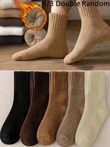 1/3/5 Pairs Random Solid Color Socks, Unisex, Autumn/Winter, Thickened & Thermal Lined, Suitable For Sleeping, Cozy Socks - Multicolor - View 1