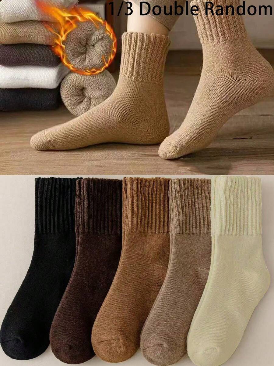 1/3/5 Pairs Random Solid Color Socks, Unisex, Autumn/Winter, Thickened & Thermal Lined, Suitable For Sleeping, Cozy Socks - Multicolor - View 1
