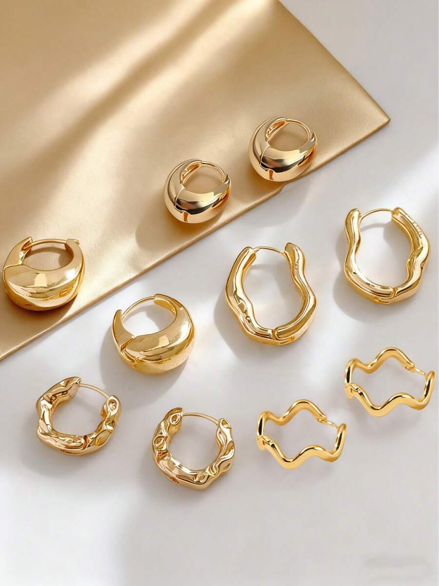 Fashionable Minimalist Asymmetrical Geometric Water Drop, Oval, Round Wave Pattern Golden Stud Earrings For Women, Suitable For Daily Wear, Holiday Gift For Christmas, Halloween