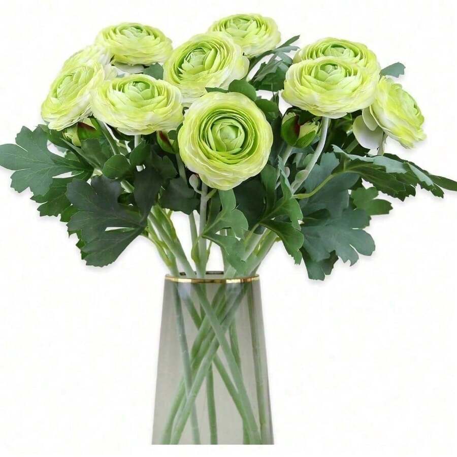 Artificial Ranunculus Flowers With Real Touch Stem, Silk Ranunculus Flowers(10 Pack) (White)-KF - Green - View 1