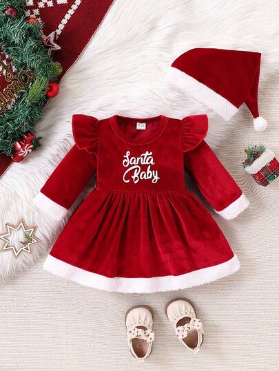 Baby Girls' Christmas Dress Set, Christmas Baby Dress + Santa Hat 2pcs Outfit, Christmas Holiday Gift, Party Dress