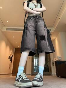 Quần short denim rách cổ điển mới 2025, quần dài thường ngày cá tính, giặt ombre phong cách đường phố - màu đen - Xem 3