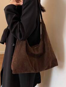 New Versatile Retro Bag For Women, Suede Miramar Style Simple Hobo Bag, Large Capacity Commuter Casual Shoulder Bag - Coffee Brown - View 2