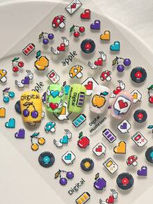 1. 最新款日式像素风美甲贴纸，采用浮雕卡通设计，图案包括心形翅膀、苹果、能量计、蘑菇和圆形纹样，适合个人DIY和美甲沙龙使用。美甲用品 美甲贴纸 - 彩色 - 查看 3