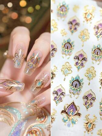 1pc/2pcs Colorful Patterned Women's Nail Press Decorative Stickers, 3D Embossed Nail Press Ornaments, Suitable For Almond-Shaped, T-Shaped, And Teardrop-Shaped Women's Nail Sticker Decorations, Fashionable And Elegant Women's Nail Art Stickers, Women's DIY Nail Press Ornaments, Suitable For Use At Festival Parties, Outdoor Outings, And Performances