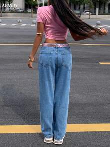 Women Navy Blue Washed Straight Leg Jeans - Medium Wash - View 2