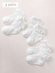 3對/批全新白色蕾絲踝襪，可愛透氣，網眼針織款式，適用於各季節和場合，是女孩、幼兒和寶寶練舞的理想襪子 - 白色 - 查看 5