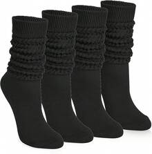 Calcetines de Mujer Hasta la Pantorrilla, 4 Pares Largos, Holgados e Informales, de Punto Hasta la Rodilla Color Liso - Negro - Ver 1