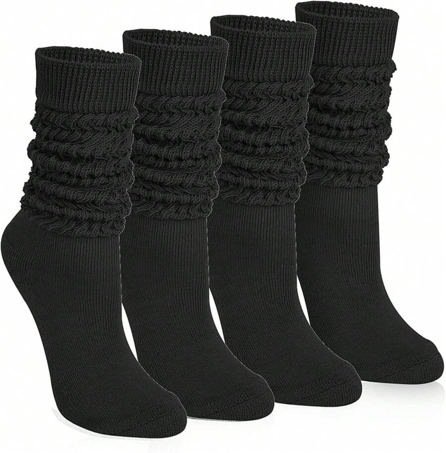 Calcetines de Mujer Hasta la Pantorrilla, 4 Pares Largos, Holgados e Informales, de Punto Hasta la Rodilla Color Liso - Negro - Ver 1